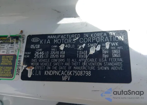 2019 Kia Sportage Ex z USA, uszkodzony, nr VIN KNDPNCAC6K7508798